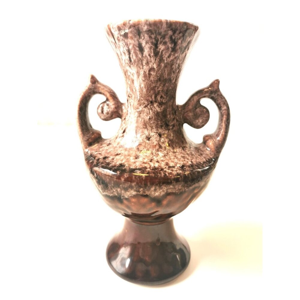 12.5" Vintage MCM Double Handle Urn Vase Brown White Drip Glaze Pottery 1960s